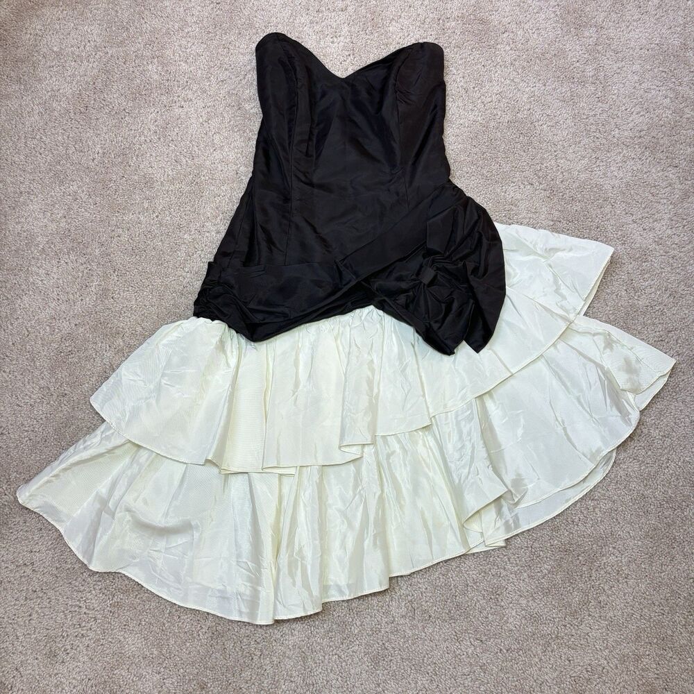 Vintage 80s Zum Zum Black and Ivory Bow Asymmetrical Prom Formal Dress Size 9